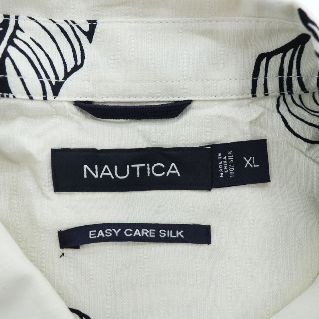 NAUTICA 100%シルク 半袖シャツ XL ホワイト 総柄 EASY CARE SILK リーフ