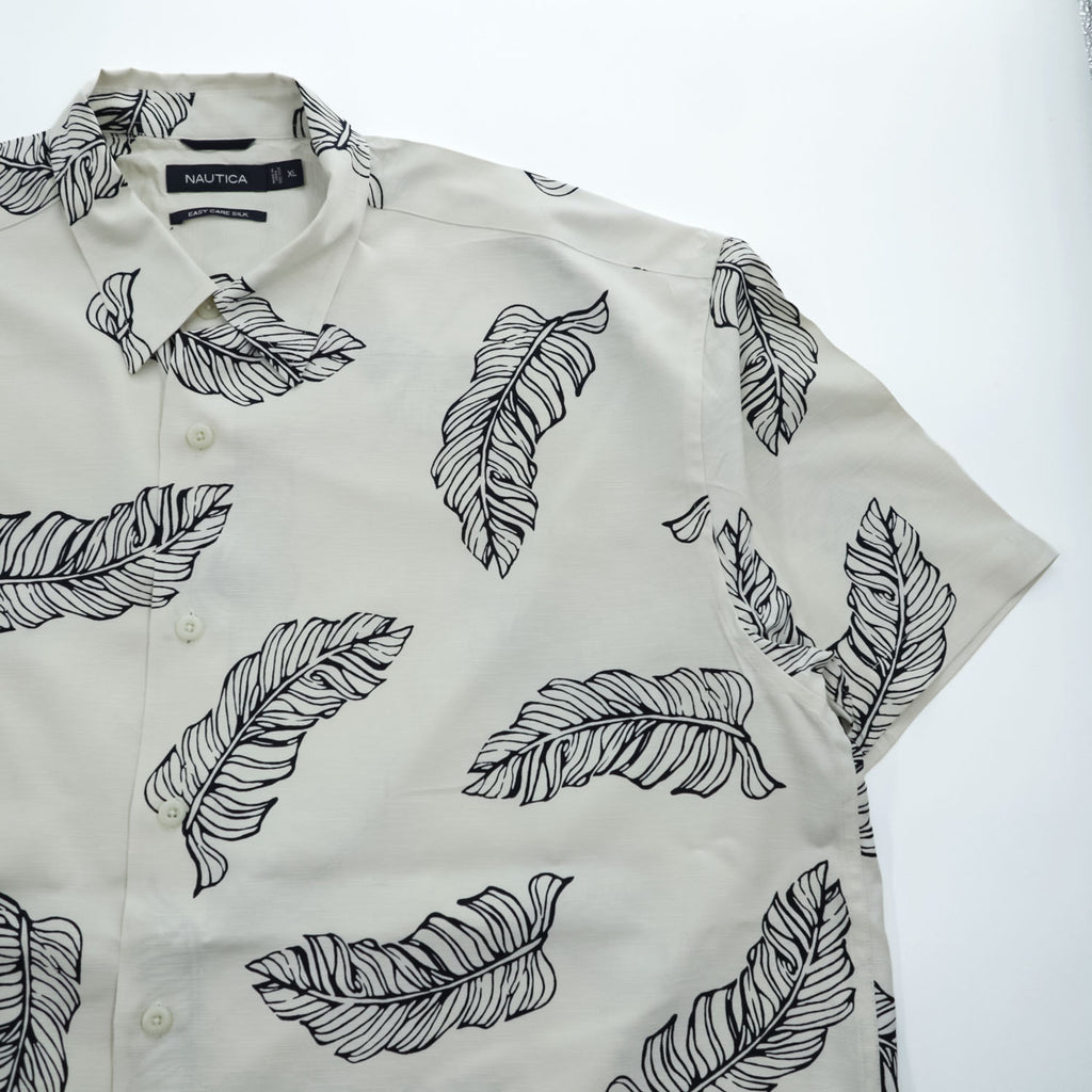NAUTICA 100%シルク 半袖シャツ XL ホワイト 総柄 EASY CARE SILK リーフ