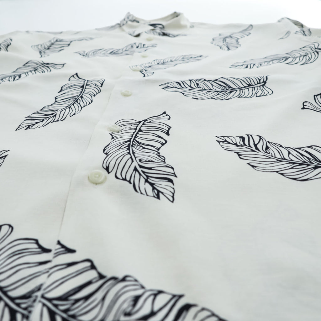 NAUTICA 100%シルク 半袖シャツ XL ホワイト 総柄 EASY CARE SILK リーフ