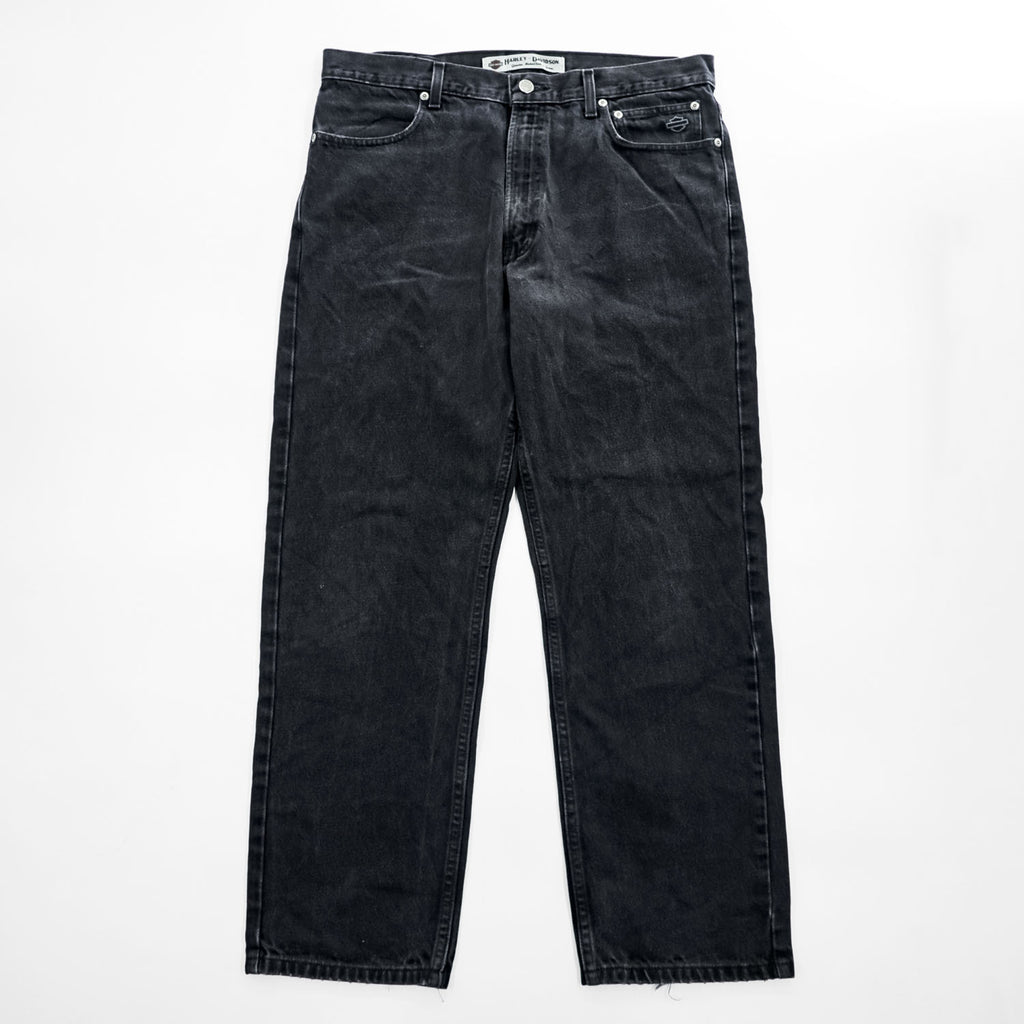 HARLEY DAVIDSON ブラック デニムパンツ ジーンズ L ジッパーフライ レザーパッチ