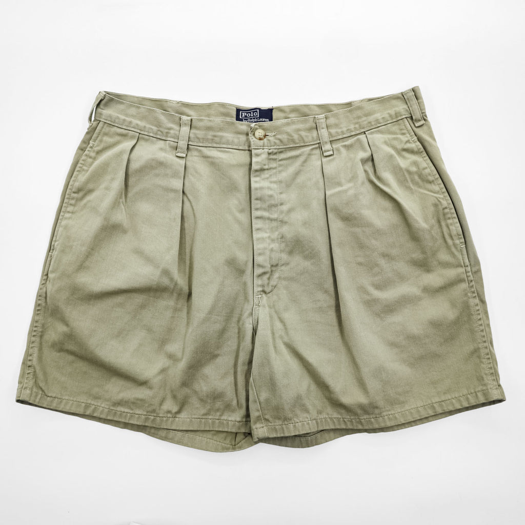 Vintage 1980s–1990s Polo by Ralph Lauren Made in USA Double-Pleat Cotton Khaki Shorts W36