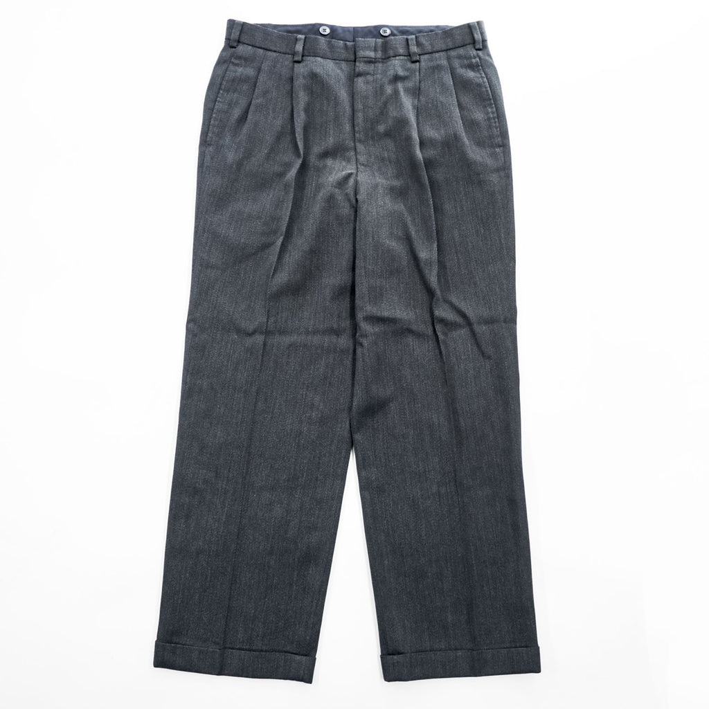 Brooks Brothers 2タック ワイド ヘリンボーン スラックス パンツ L グレー プリーツ ダブルカフス サスペンダーボタン