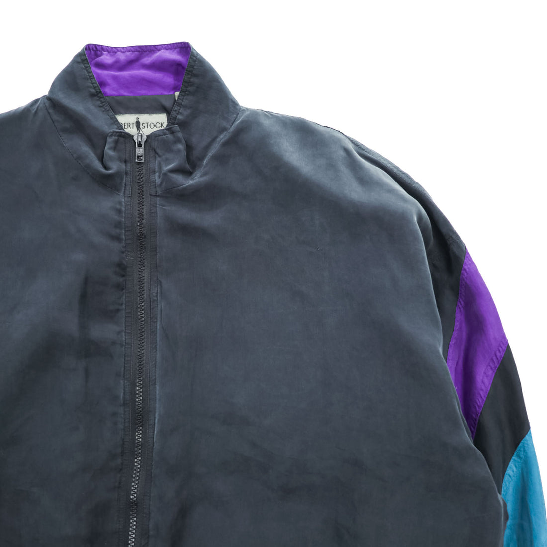 ROBERT STOCK 90年代 ヴィンテージ シルク ジップアップジャケット カラーブロック ジャージ XL ブラック