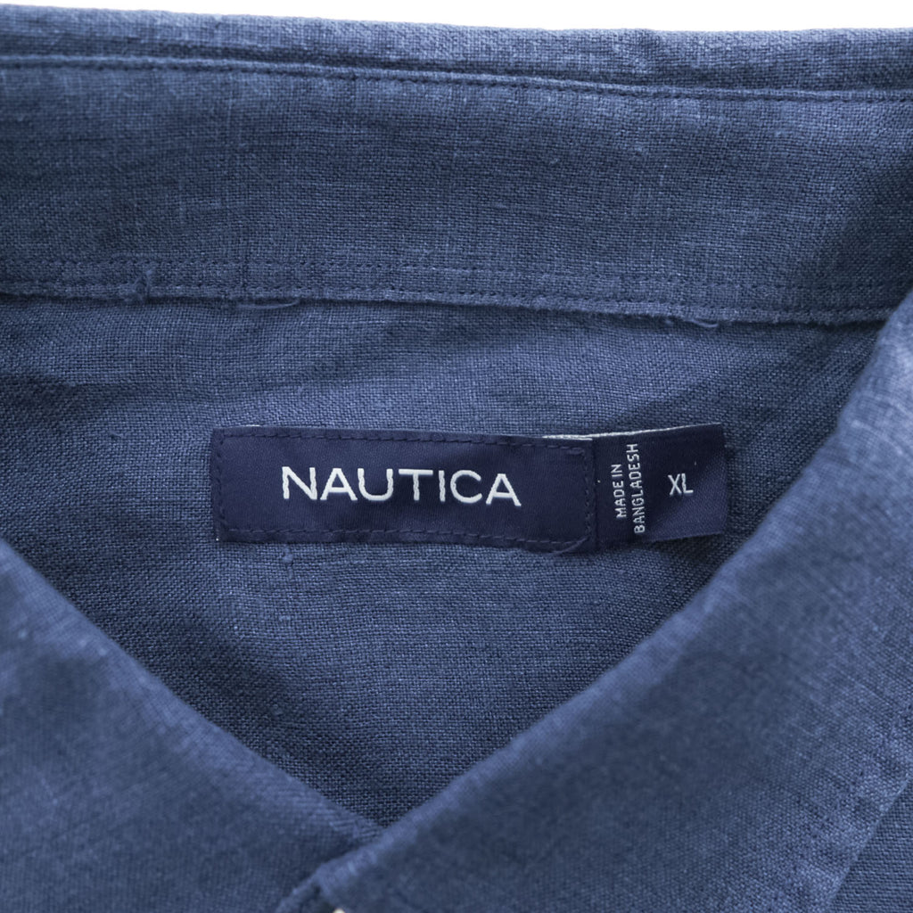 NAUTICA リネン100% 長袖シャツ XL ネイビー 麻 ワンポイントロゴ