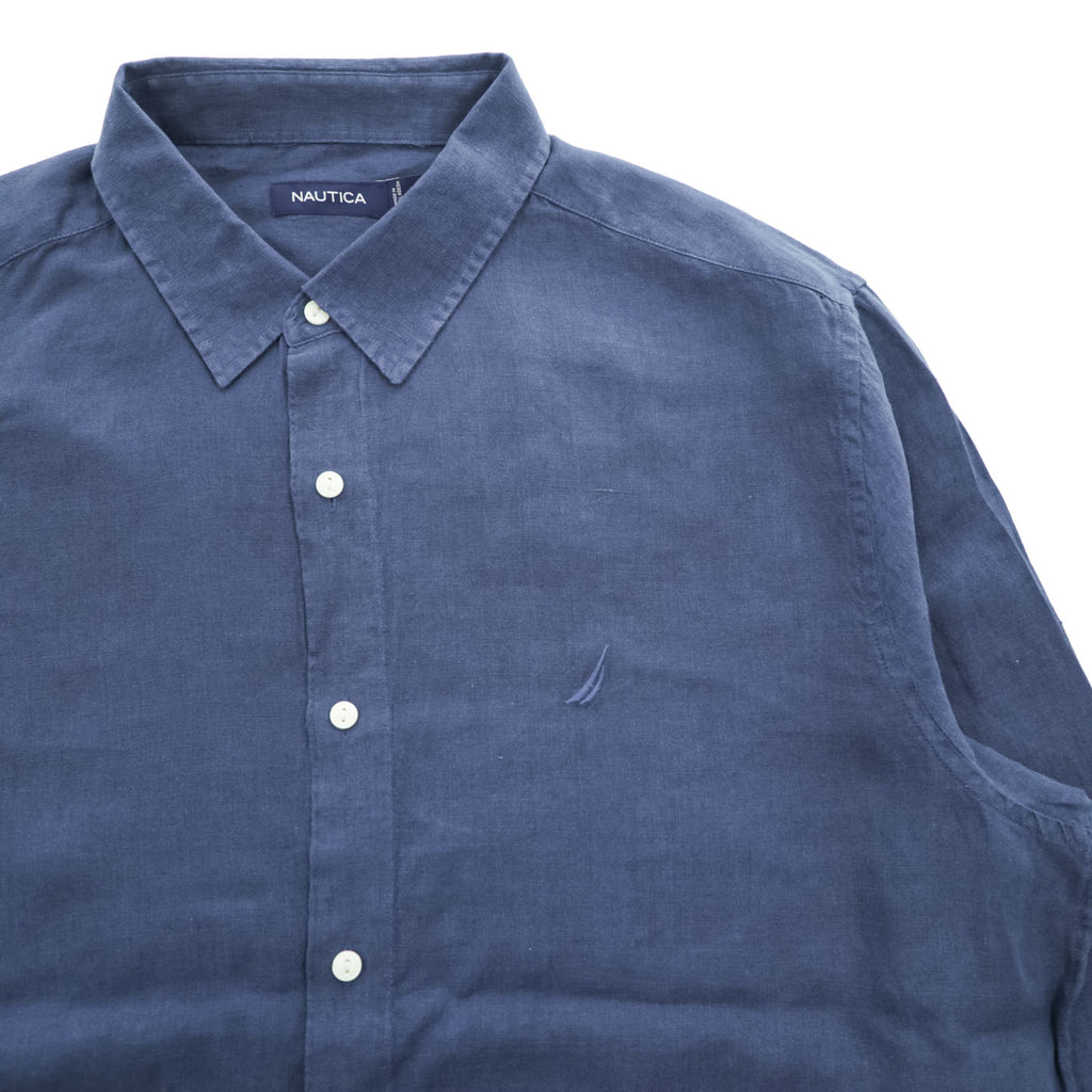 NAUTICA リネン100% 長袖シャツ XL ネイビー 麻 ワンポイントロゴ