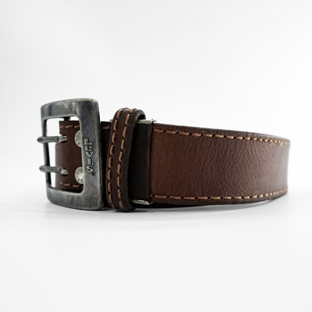 Levi's イタリア製 レザーベルト ブラウン RED TAB メタル スクエアバックル ステッチ ダブルピン