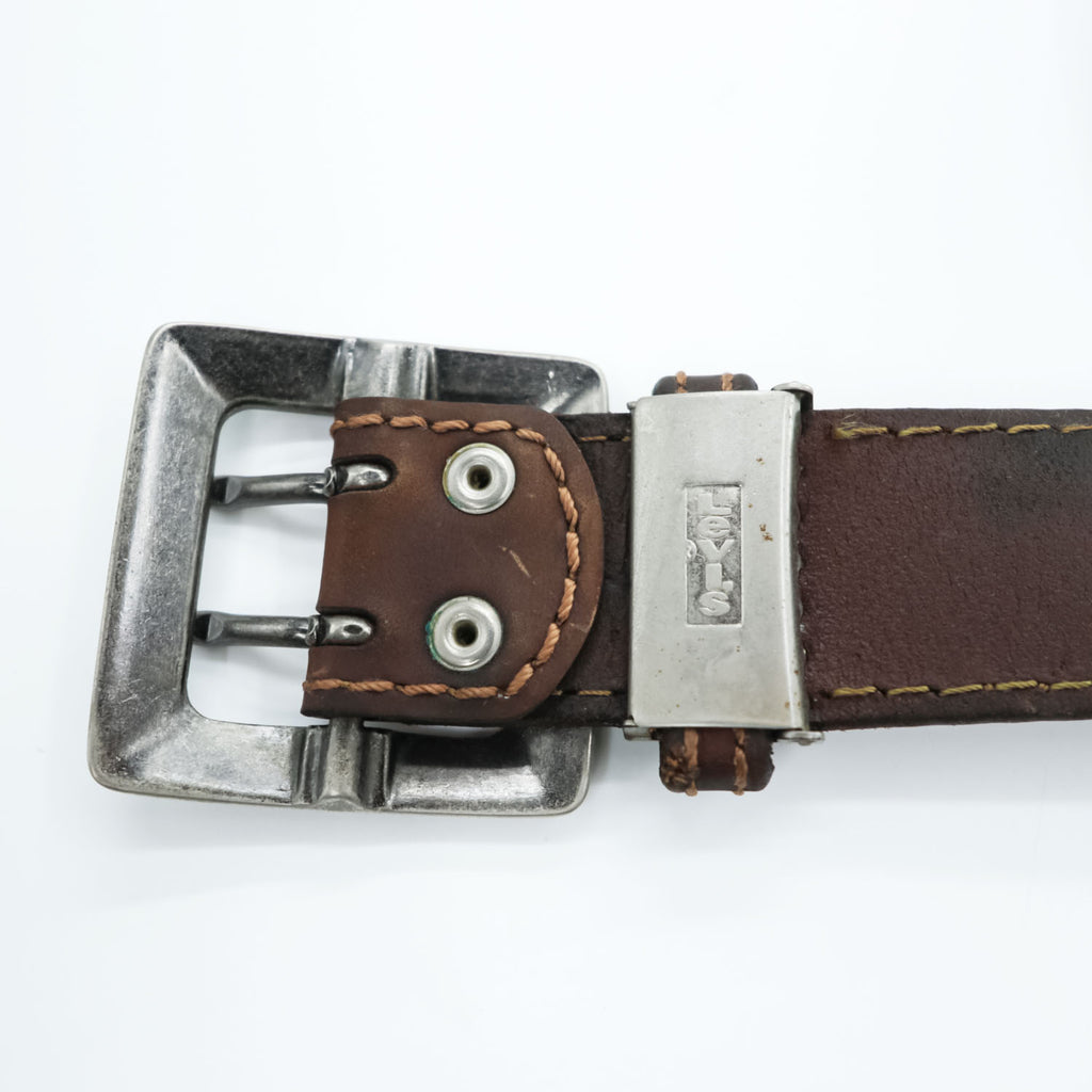 Levi's イタリア製 レザーベルト ブラウン RED TAB メタル スクエアバックル ステッチ ダブルピン