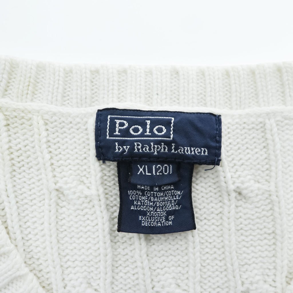 Polo Ralph Lauren 90年代 Vネック コットン ケーブルニットベスト XL ホワイト ポニー 刺繍