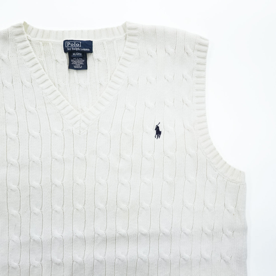 Polo Ralph Lauren 90年代 Vネック コットン ケーブルニットベスト XL ホワイト ポニー 刺繍