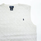 Polo Ralph Lauren 90年代 Vネック コットン ケーブルニットベスト XL ホワイト ポニー 刺繍