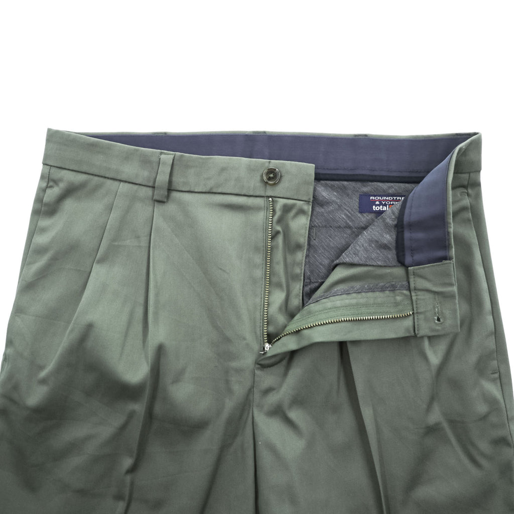 ROUNDTREE ＆YORKE 2タック スラックス パンツ TOTAL FLEX コットン L オリーブ グリーン プリーツ ダブルカフス