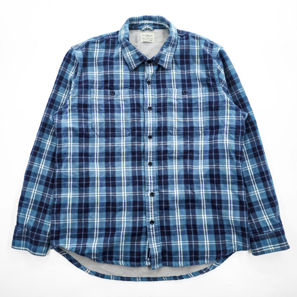 L.L.Bean 長袖 フランネルシャツ フリース裏地 L ブルー チェック SLIGHTLY FITTED ダブルポケット