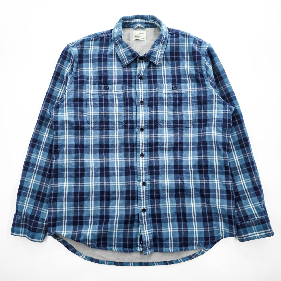 L.L.Bean 長袖 フランネルシャツ フリース裏地 L ブルー チェック SLIGHTLY FITTED ダブルポケット