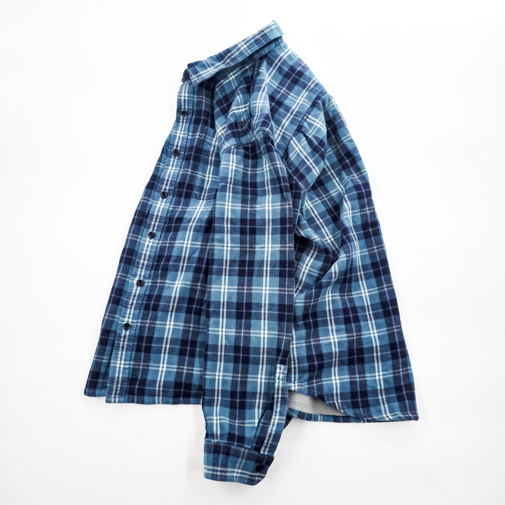 L.L.Bean 長袖 フランネルシャツ フリース裏地 L ブルー チェック SLIGHTLY FITTED ダブルポケット