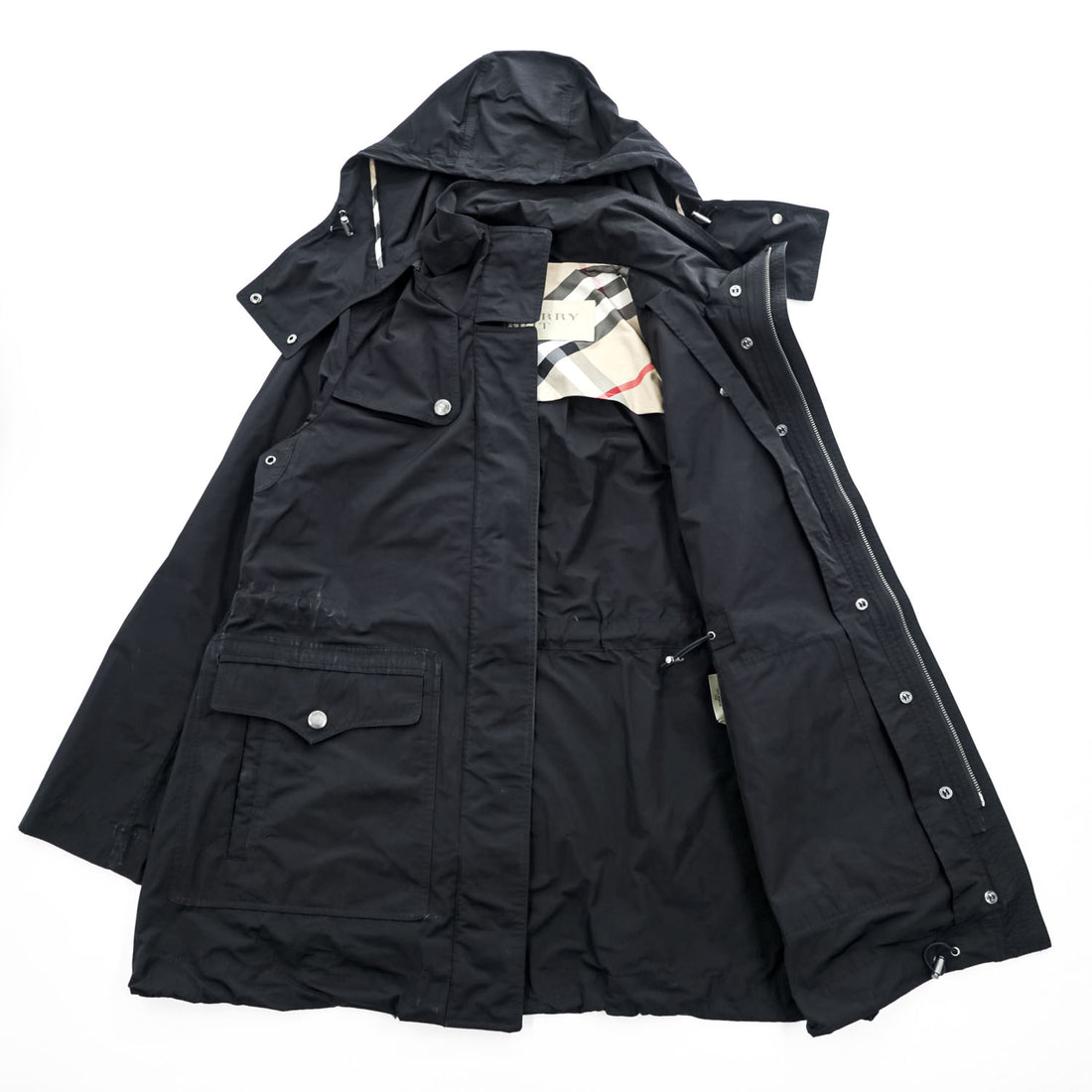 Burberry Brit 3808689 Black Hooded Technical Field Parka Nova Check Women's US 6
