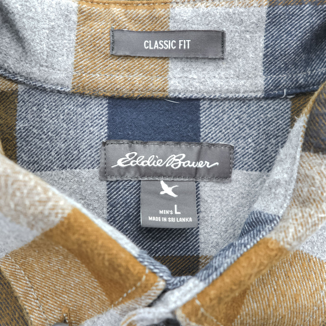 Eddie Bauer 長袖 フランネルシャツ L グレー ネイビー チェック CLASSIC FIT ボタンダウン 胸ポケット 0156