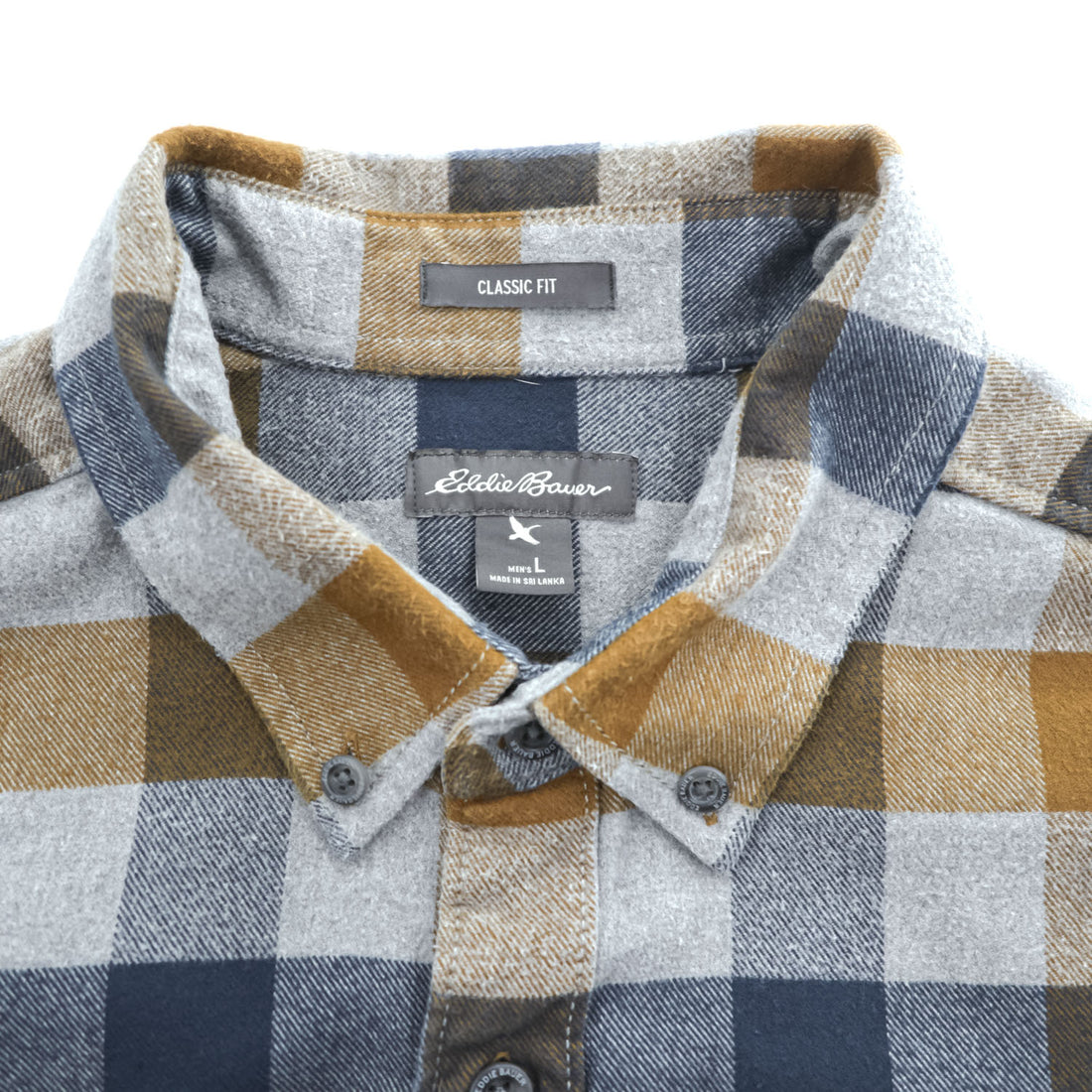 Eddie Bauer 長袖 フランネルシャツ L グレー ネイビー チェック CLASSIC FIT ボタンダウン 胸ポケット 0156