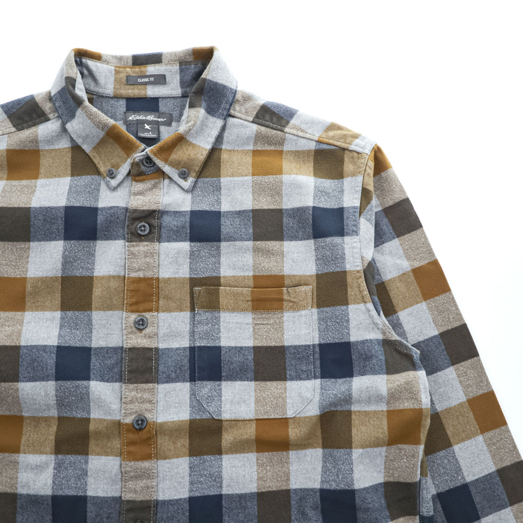 Eddie Bauer 長袖 フランネルシャツ L グレー ネイビー チェック CLASSIC FIT ボタンダウン 胸ポケット 0156
