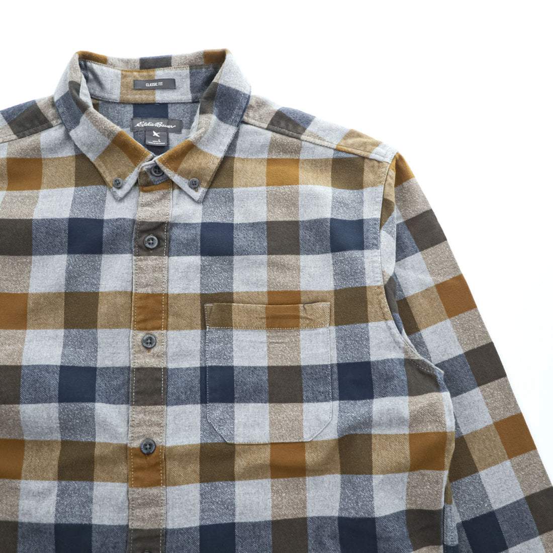 Eddie Bauer 長袖 フランネルシャツ L グレー ネイビー チェック CLASSIC FIT ボタンダウン 胸ポケット 0156