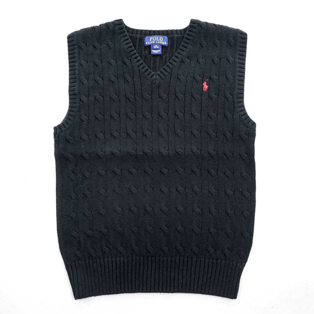 Polo Ralph Lauren Vネック ケーブルニット ベスト M ブラック スモールポニー ロゴ 刺繍