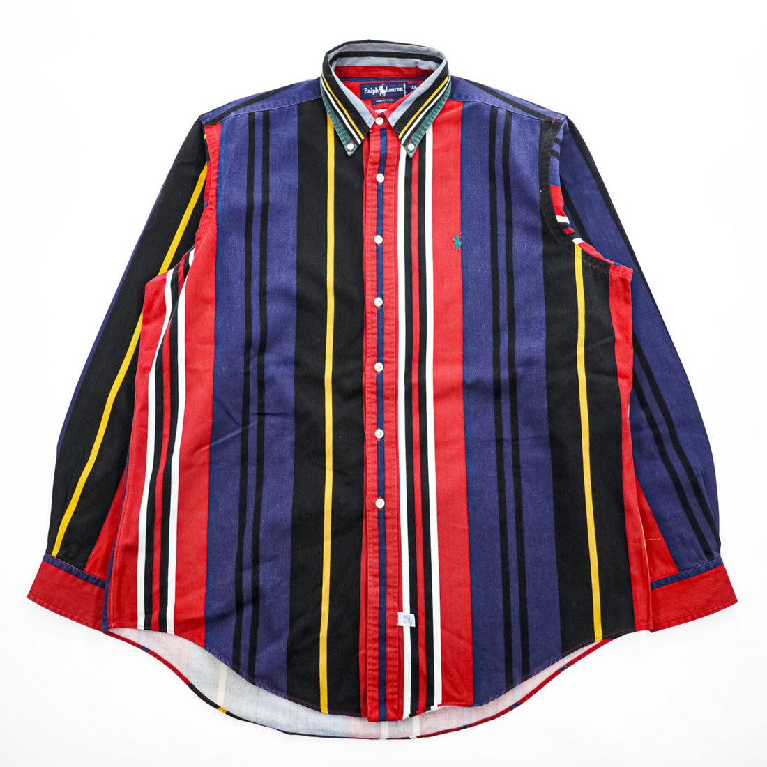 Ralph Lauren 90年代 ヴィンテージ 長袖 マルチカラー ストライプ シャツ XL ポニー刺繍 ボタンダウン レッド ネイビー