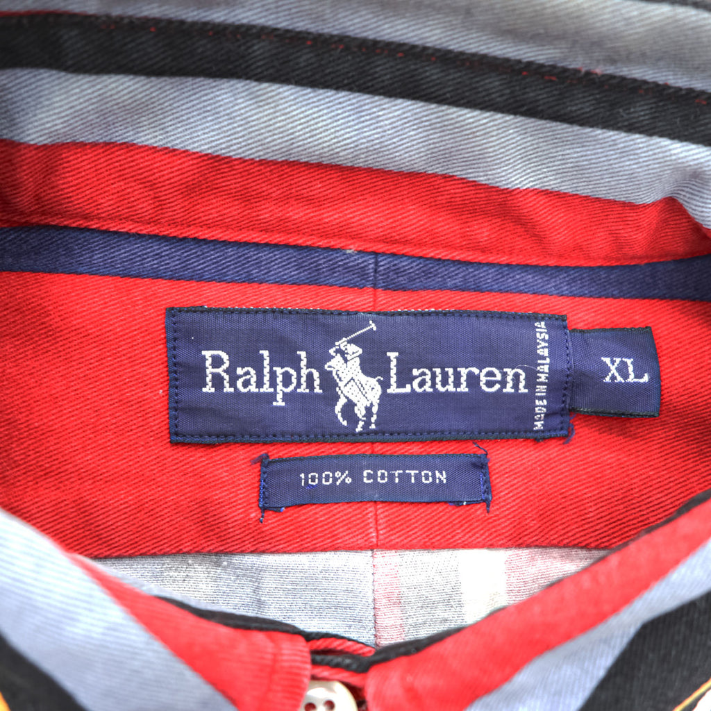 Ralph Lauren 90年代 ヴィンテージ 長袖 マルチカラー ストライプ シャツ XL ポニー刺繍 ボタンダウン レッド ネイビー