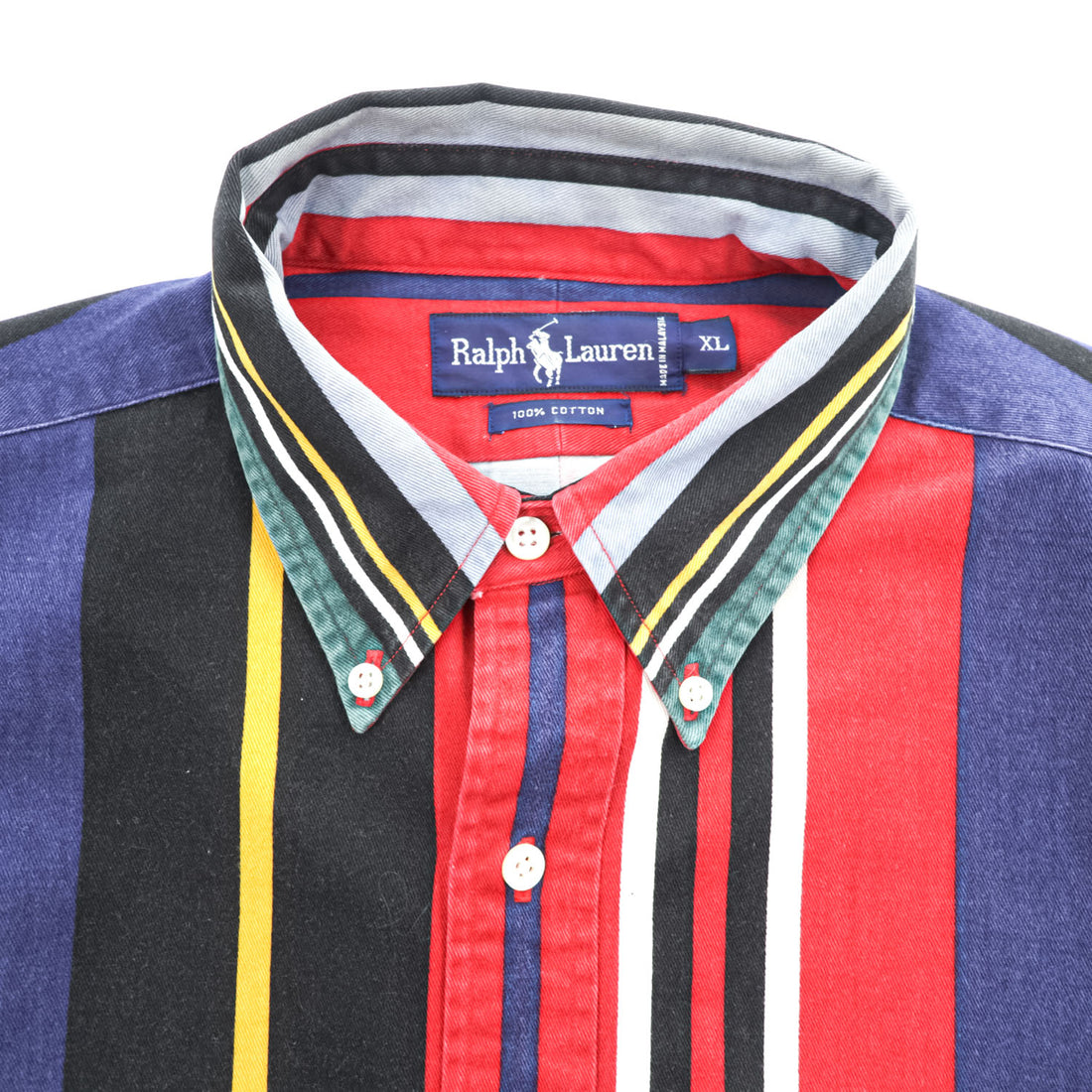 Ralph Lauren 90年代 ヴィンテージ 長袖 マルチカラー ストライプ シャツ XL ポニー刺繍 ボタンダウン レッド ネイビー