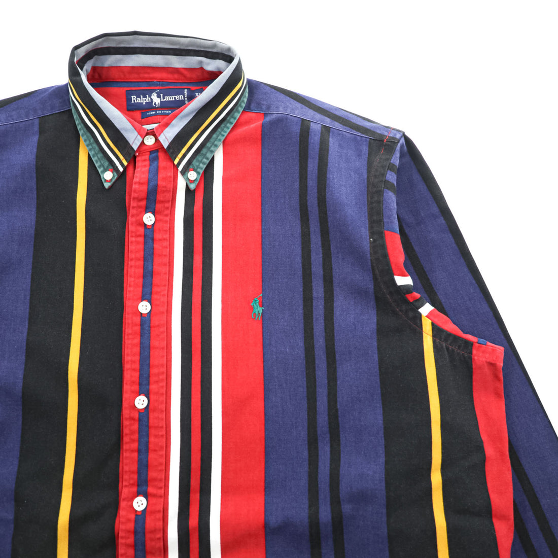 Ralph Lauren 90年代 ヴィンテージ 長袖 マルチカラー ストライプ シャツ XL ポニー刺繍 ボタンダウン レッド ネイビー