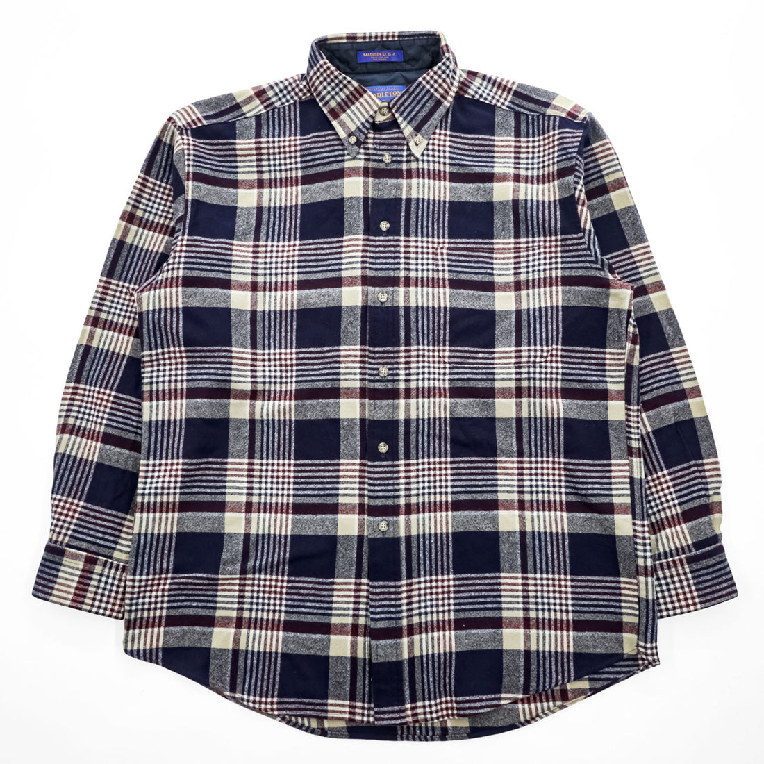PENDLETON Made in USA 100% Virgin Wool Navy Plaid Button-Down Long Sleeve Shirt M