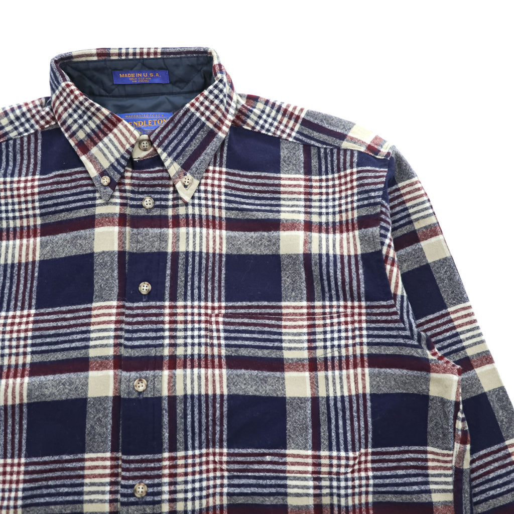 PENDLETON Made in USA 100% Virgin Wool Navy Plaid Button-Down Long Sleeve Shirt M
