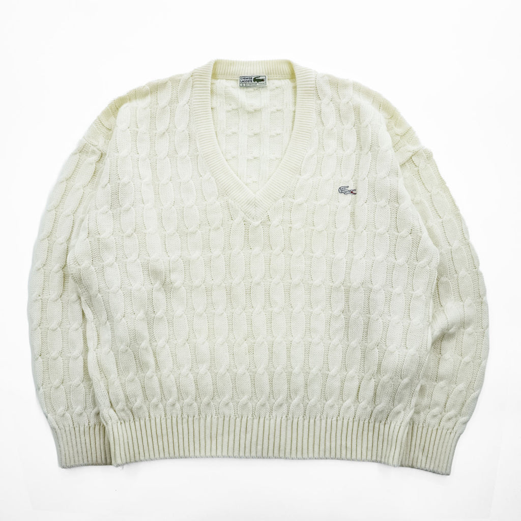 LACOSTE Made in Spain Cable Knit V-Neck Acrylic Sweater White Size G