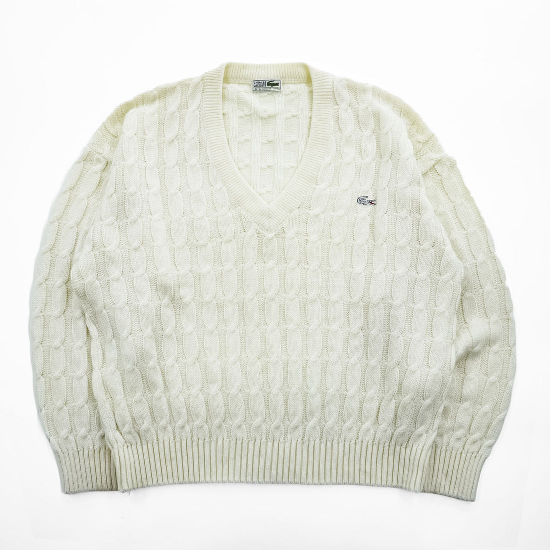 LACOSTE Made in Spain Cable Knit V-Neck Acrylic Sweater White Size G