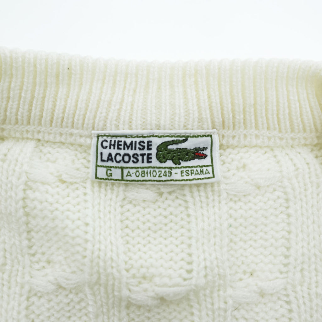 LACOSTE Made in Spain Cable Knit V-Neck Acrylic Sweater White Size G