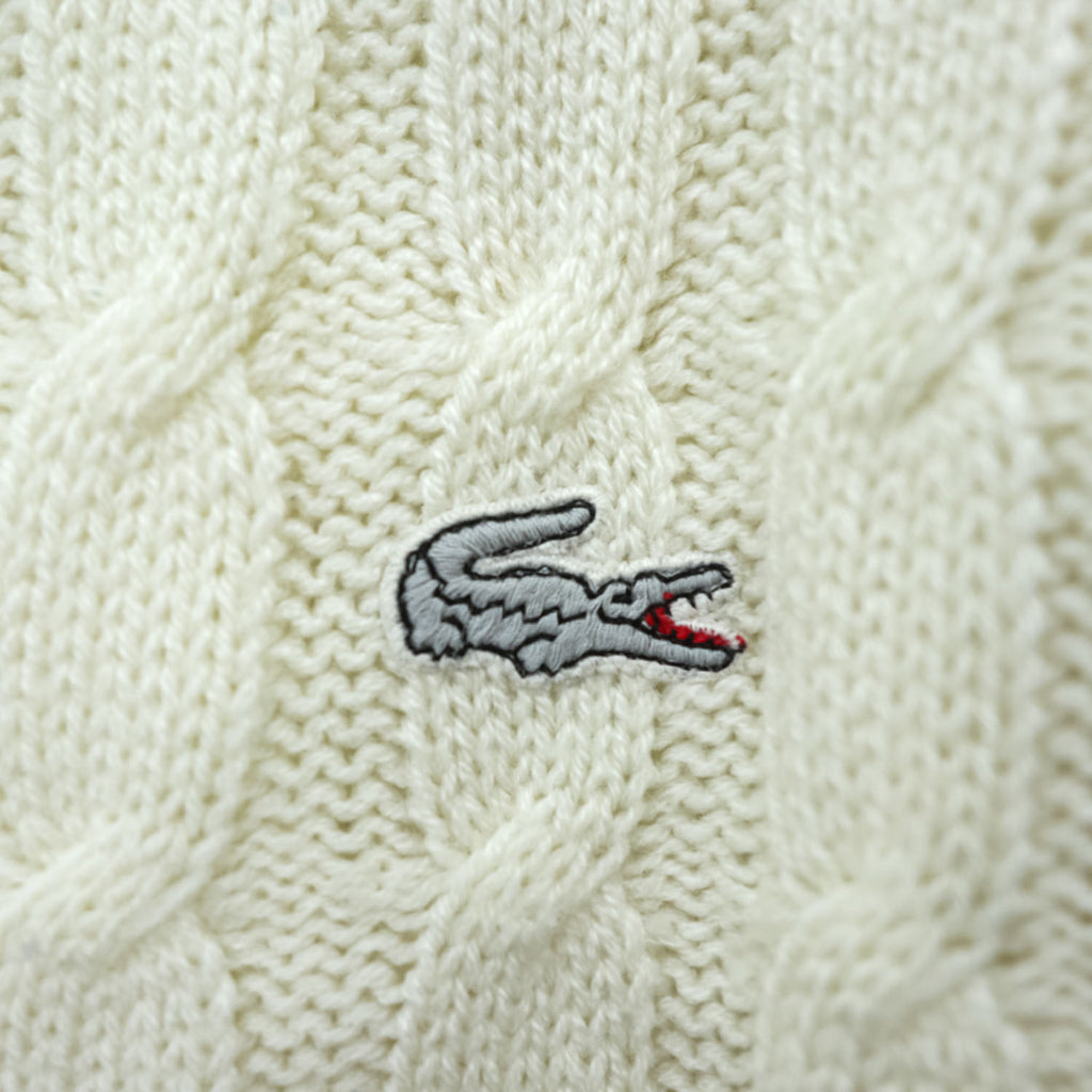 LACOSTE Made in Spain Cable Knit V-Neck Acrylic Sweater White Size G