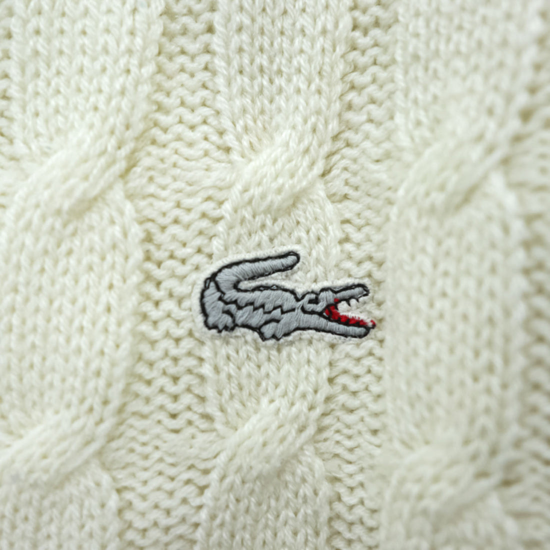 LACOSTE Made in Spain Cable Knit V-Neck Acrylic Sweater White Size G