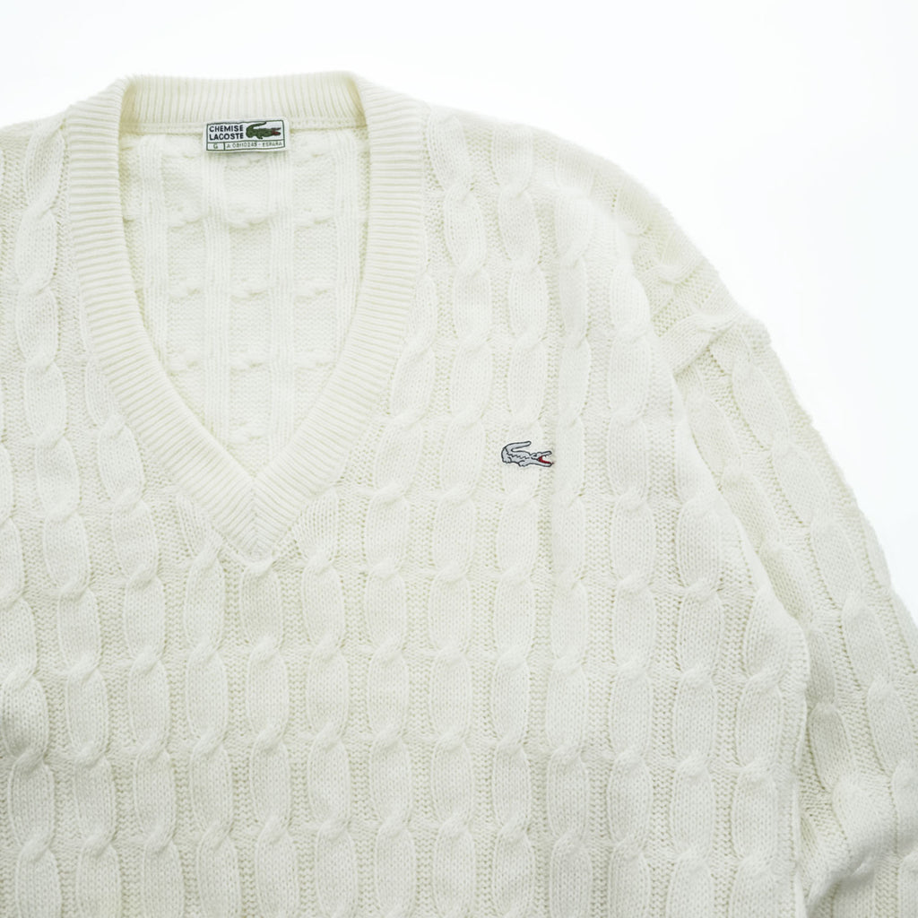 LACOSTE Made in Spain Cable Knit V-Neck Acrylic Sweater White Size G