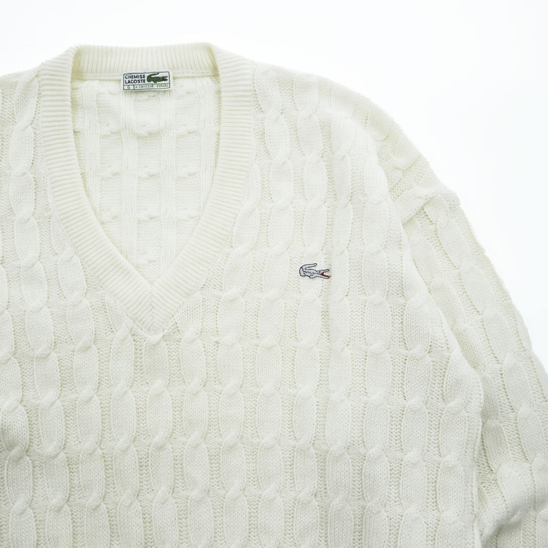 LACOSTE Made in Spain Cable Knit V-Neck Acrylic Sweater White Size G