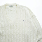 LACOSTE Made in Spain Cable Knit V-Neck Acrylic Sweater White Size G