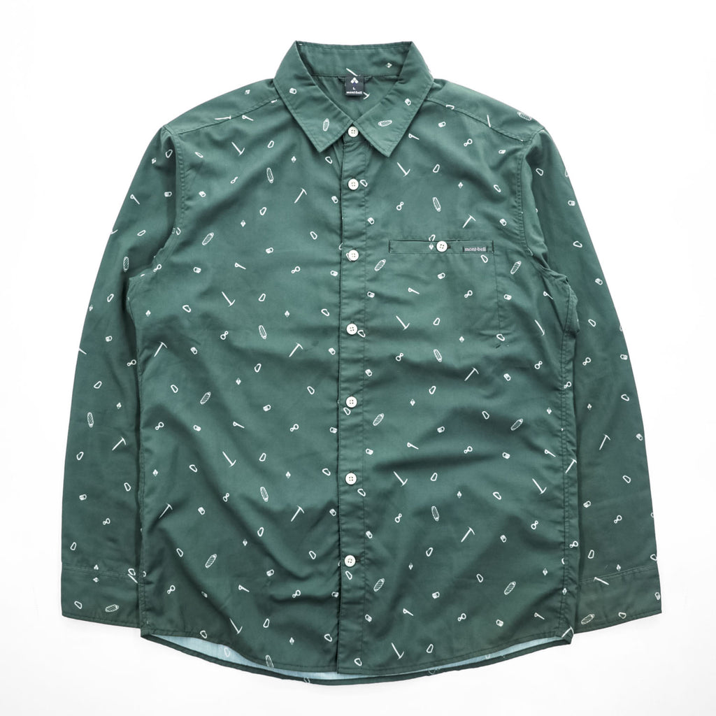 mont-bell All-Over Print Long Sleeve Shirt L Green Polyester Style 1114284 Made in India WIC Light Print Long Sleeve Shirt Men's