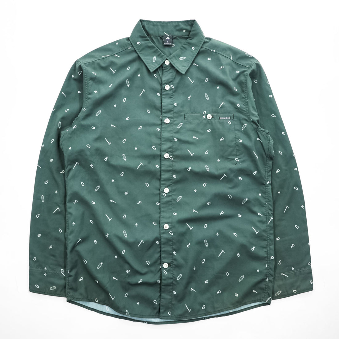mont-bell All-Over Print Long Sleeve Shirt L Green Polyester Style 1114284 Made in India WIC Light Print Long Sleeve Shirt Men's