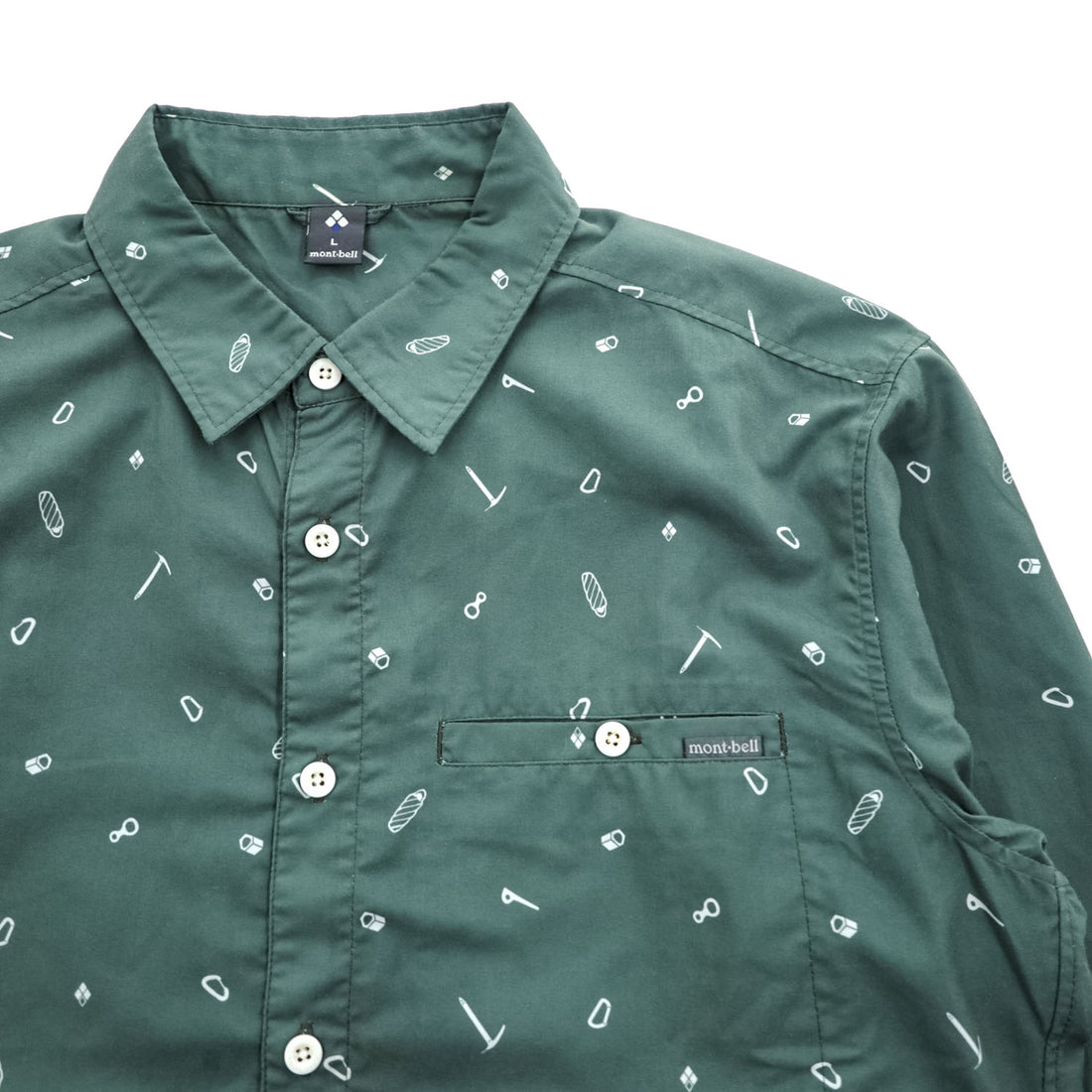 mont-bell All-Over Print Long Sleeve Shirt L Green Polyester Style 1114284 Made in India WIC Light Print Long Sleeve Shirt Men's