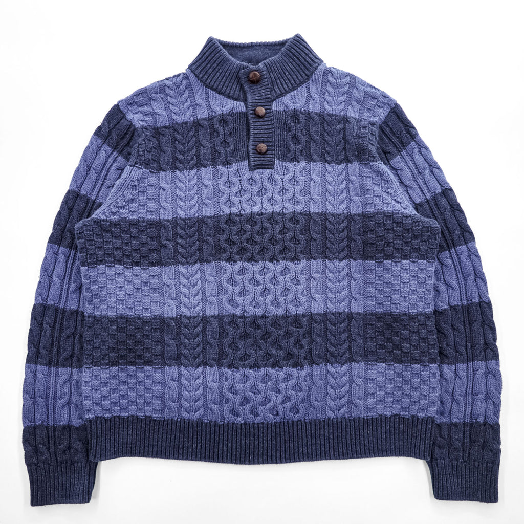 L.L.Bean ケーブル編み ニット セーター XL ブルー ネイビー ビッグサイズ ボーダー モックネック ハーフボタン くるみボタン