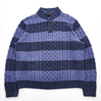 L.L.Bean ケーブル編み ニット セーター XL ブルー ネイビー ビッグサイズ ボーダー モックネック ハーフボタン くるみボタン