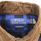 Polo Ralph Lauren ウールチェック シャツジャケット M ブルー ブラック 襟コーデュロイ チンストラップ
