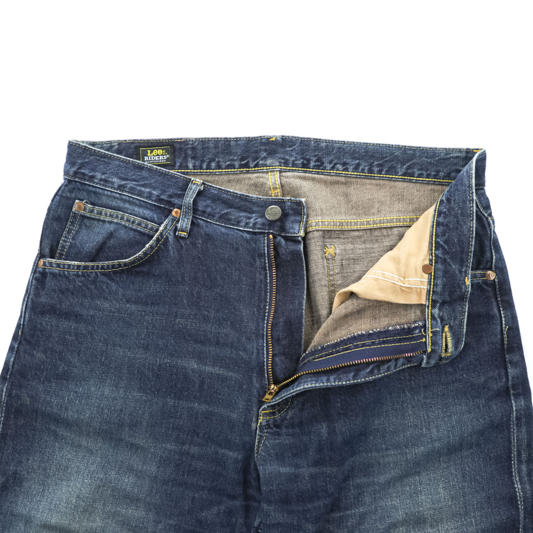 Lee 日本製 デニムパンツ ジーンズ L インディゴ ブルー RIDERS ジッパーフライ レザーパッチ LEE-382
