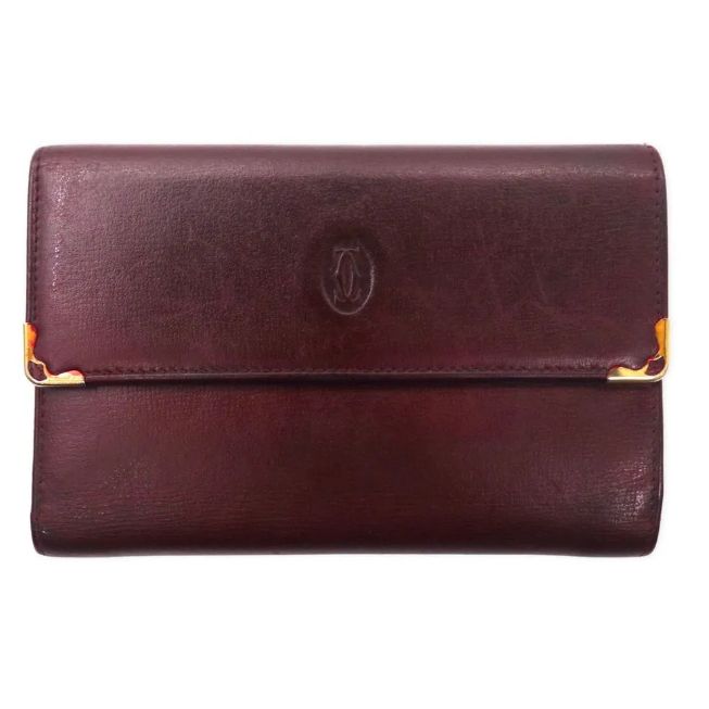 Cartier マストライン がま口 3つ折り財布 ボルドー レザー オールド