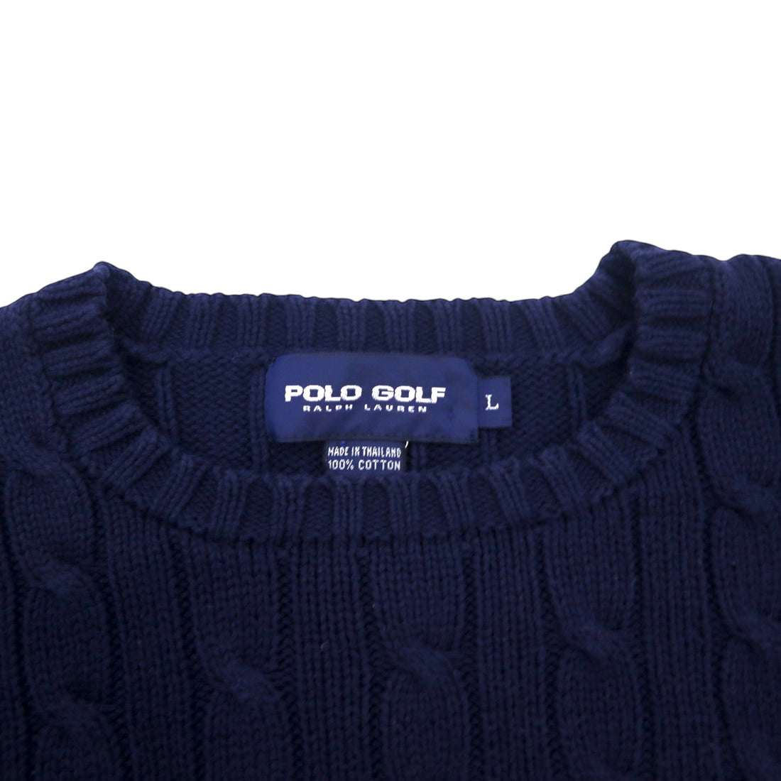 POLO GOLF RALPH LAUREN 90s Crew Neck Cable Knit Sweater L Navy Cotton One Point Embroidery
