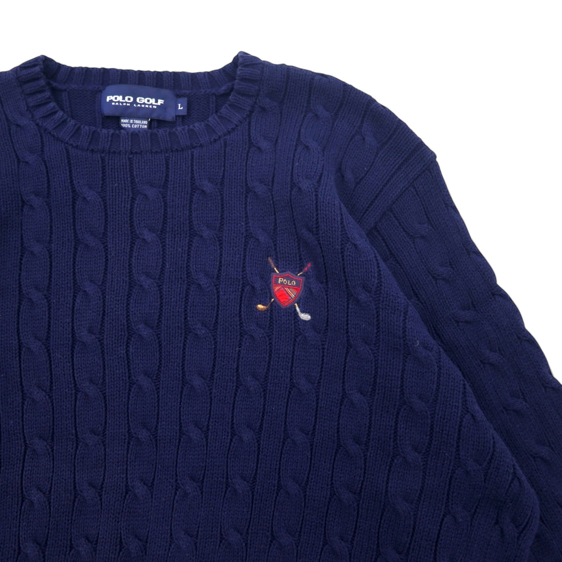 POLO GOLF RALPH LAUREN 90s Crew Neck Cable Knit Sweater L Navy Cotton One Point Embroidery