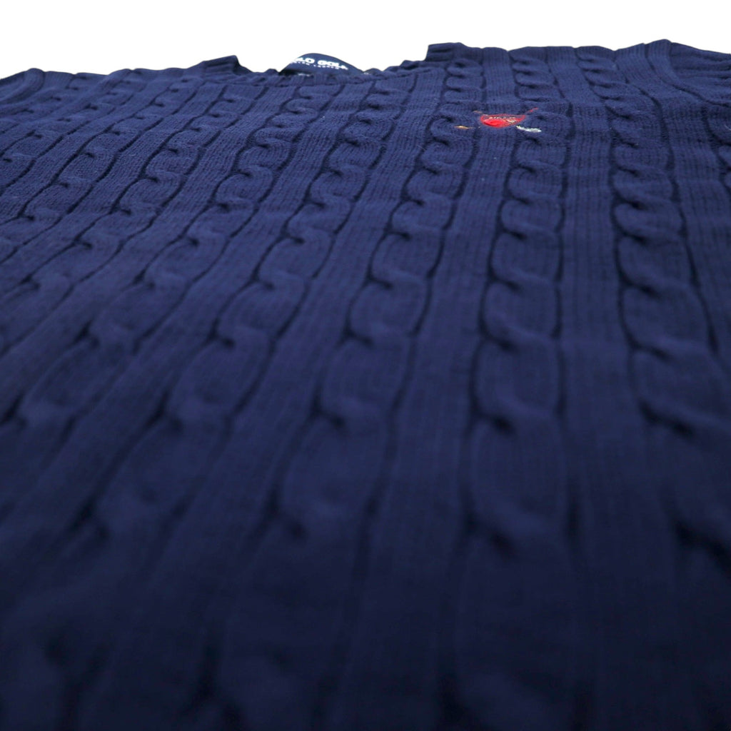 POLO GOLF RALPH LAUREN 90s Crew Neck Cable Knit Sweater L Navy Cotton One Point Embroidery
