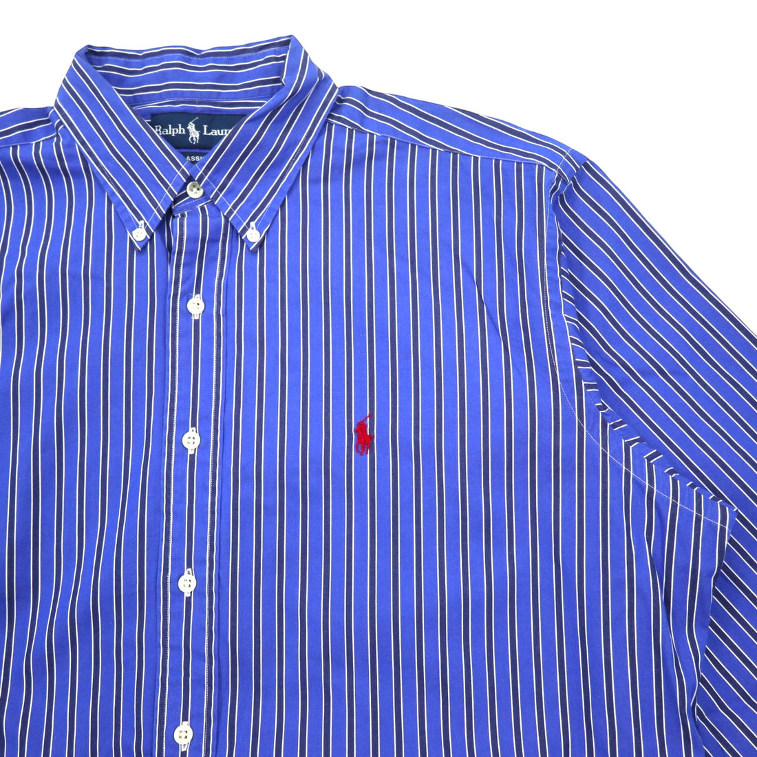 RALPH LAUREN 90s Button-down Shirt L Blue Striped Cotton Small Pony Embroidered Classic Fit CLASSIC FIT